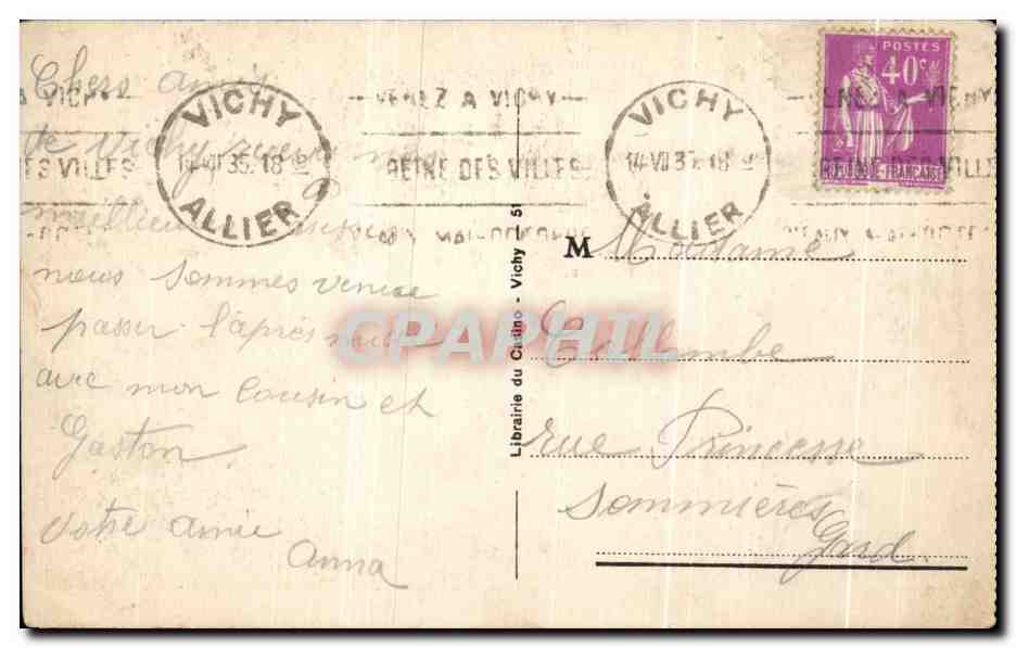 CPA Vichy Etablissement Thermal de 2eme Classe bains Callou — Verso