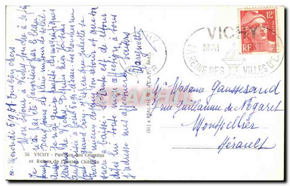 CPA Vichy pavilon des Celestins et Ruines de Chateau — Verso