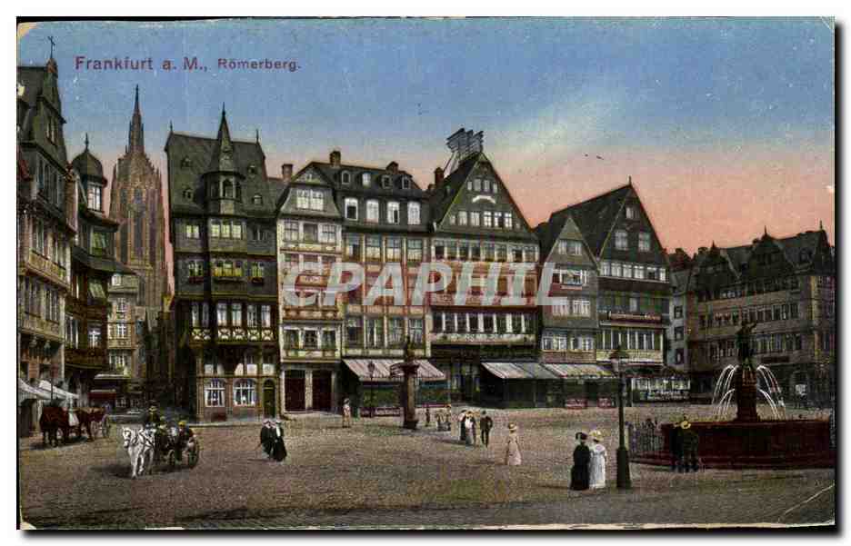 Frankfurt a. M. Römerberg — vue du square avec fontaine et bâtiments à colombages — éditeur Gerhard Blumen & Co.