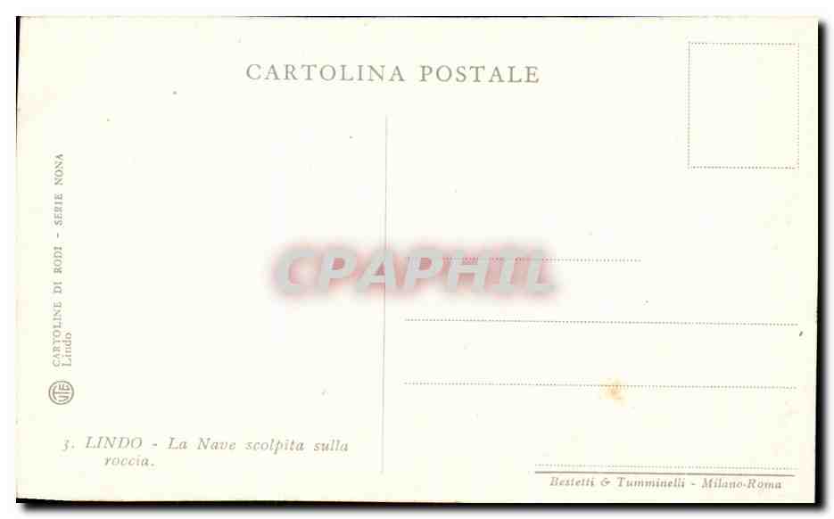 Lindo — The Ship Carved in the Rock — Postcards of Rhodes, Ninth Series, no. 3 — Bestetti & Tumminelli, Milano-Roma — Back