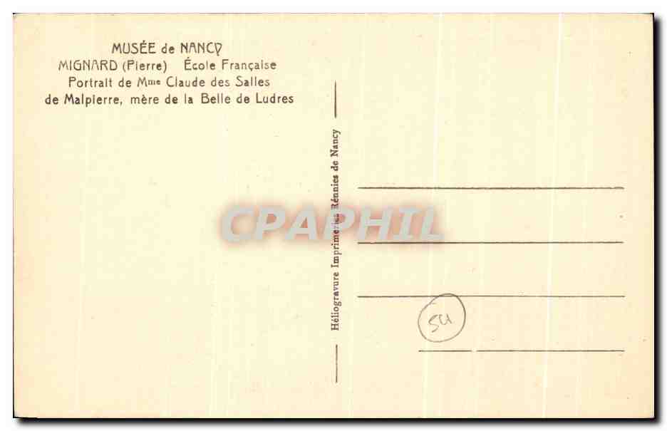 CPA Musee de Nancy Mignard Ecole Francaise Portrait de Musee Claude des Salles  — Verso