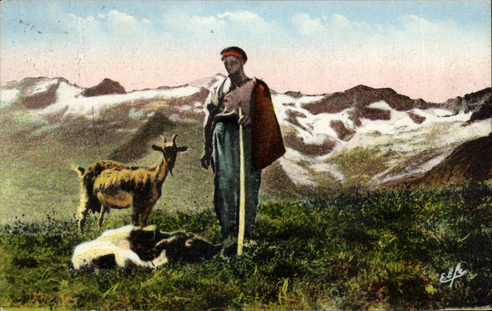 Un Pâtre sur les hauteurs dominant la chaîne centrale des Pyrénées — Éditions Laugache frères - Toulouse - n°61