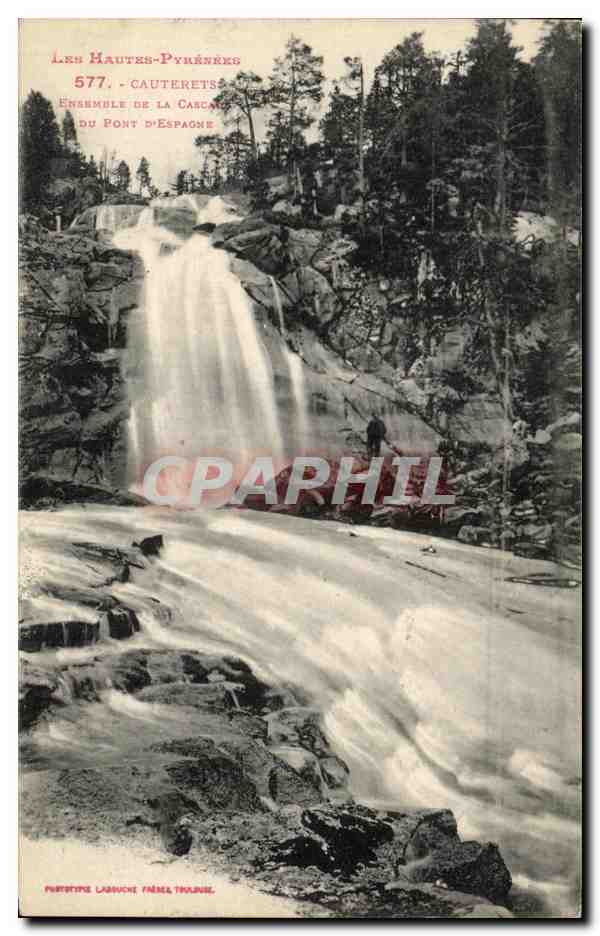 Les Hautes-Pyrénées — Cauterets, ensemble de la cascade du Pont d'Espagne — Éditeur : P. Labouche, n° 577