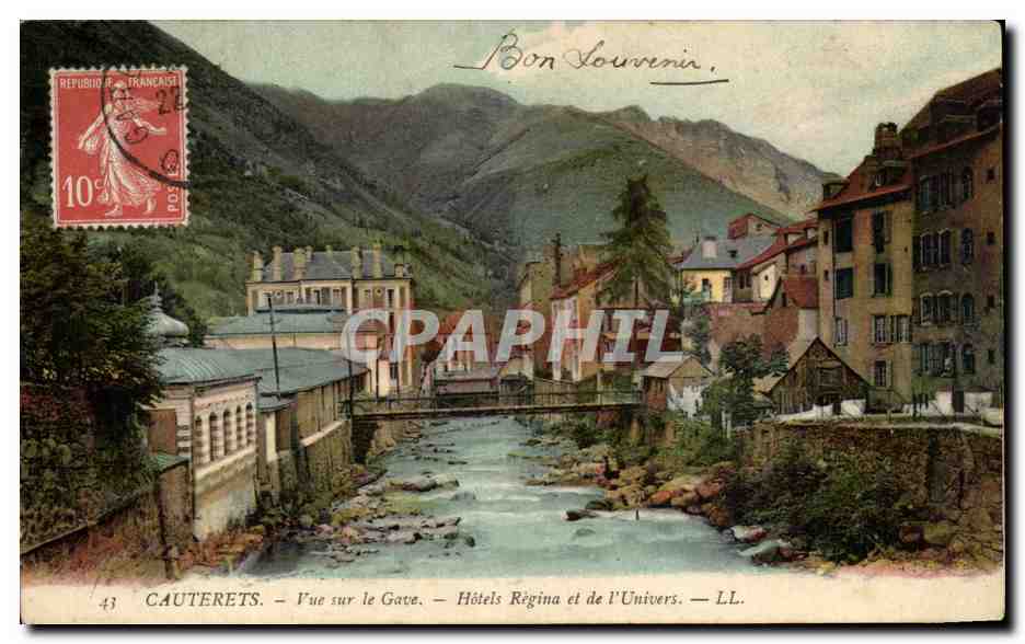 Cauterets — Vue sur le Gave — Hôtels Regina et de l'Univers — LL.