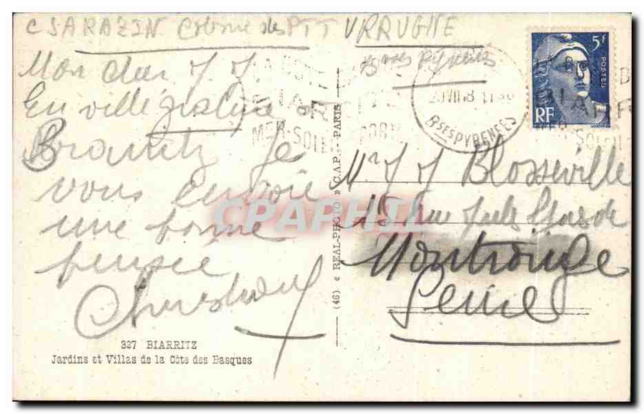 CPA Biarritz Jardins et Villas de la Cotes des basques — Verso