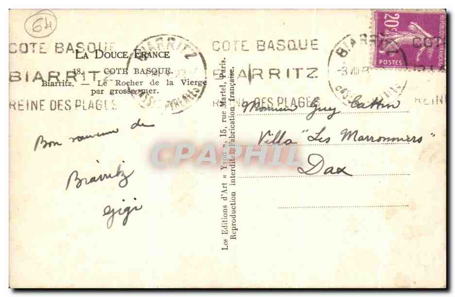 CPA Biarritz Le Rocher de la Vierge par Grosse mer — Verso