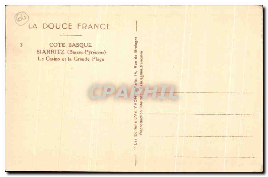CPA Biarritz Le Casino et la Grande plage — Verso
