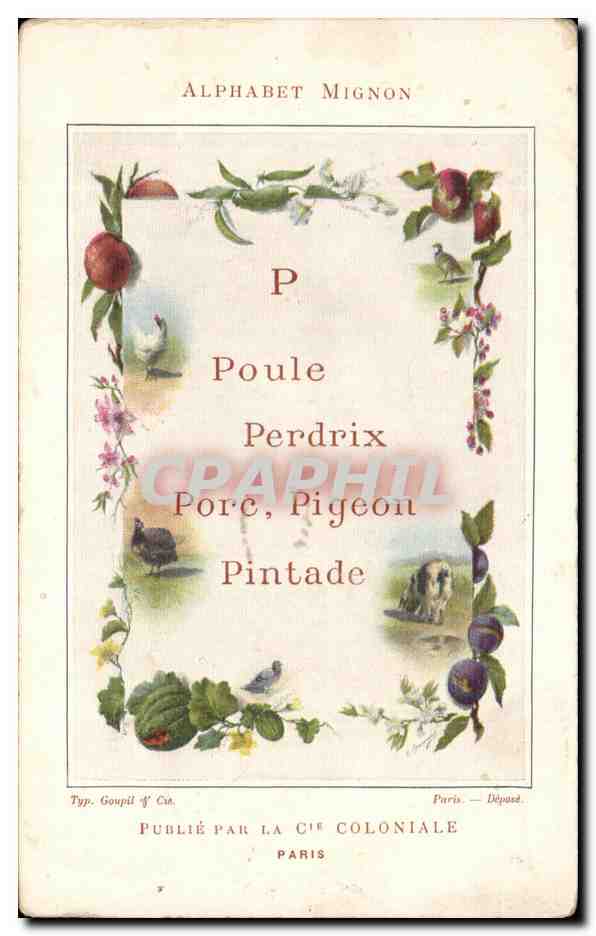 CPA Alphabet mignon Poule perdrix Porc pigeon Pintade Cie coloniale Paris 