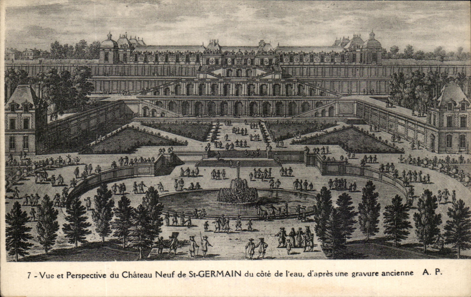 Château Neuf de St-GERMAIN — vue et perspective du côté de l'eau, d'après une gravure ancienne — A. P.