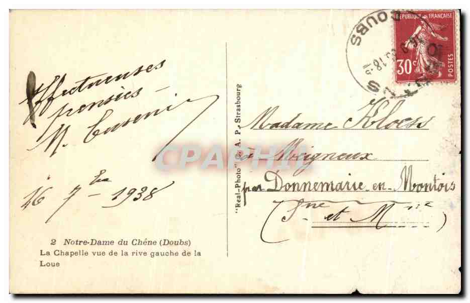 Unsere Frau vom Eichen (Doubs) — Die Kapelle von der linken Seite der Loue gesehen — Real-Photo von A. P. Strasbourg — Rückseite