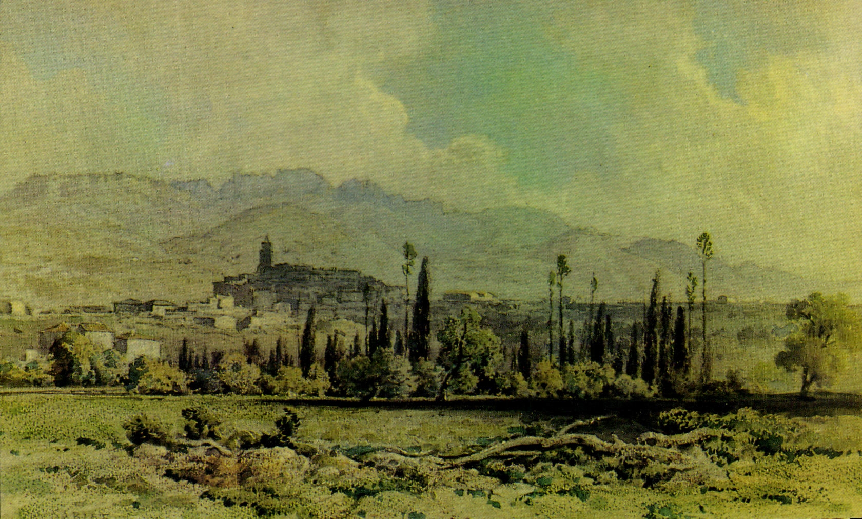 Das Dorf, Aquarell von Laurens — Auszug aus dem Werk Sablet (Le Temps retrouvé) — Éditions de l'Équinoxe, 30320 Marguerittes