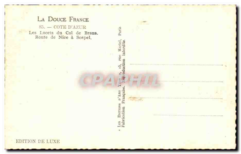 CPA La Douce France Cote D'Azur Les Lacets du Col de Braus Route de Nice a Sospel — Rückseite
