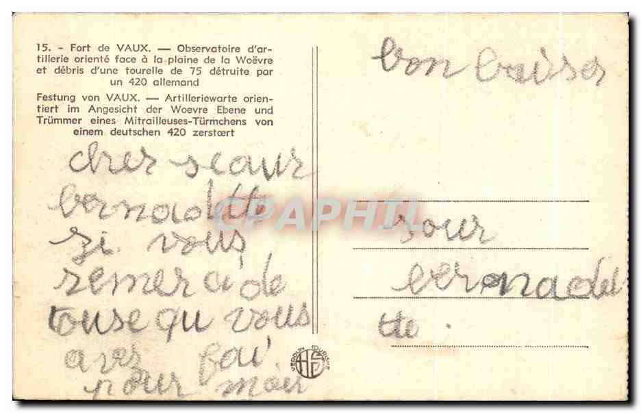 CPA Fort De Vaux Observatoire d'artillerie Oriente Face a La Plaine De La Woevre Militaria  — Rückseite