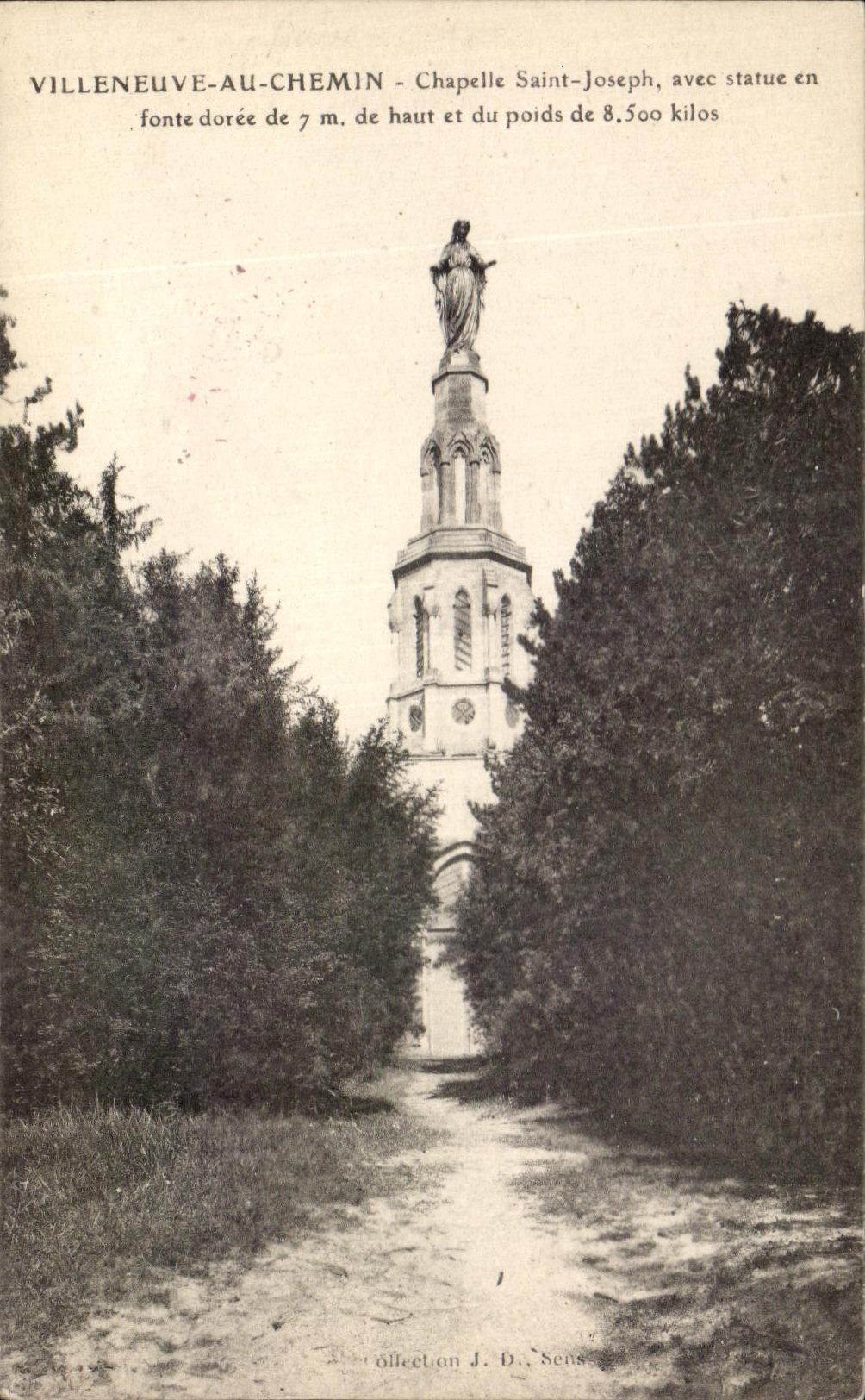 Villeneuve-au-Chemin - Chapelle Saint-Joseph avec statue en fonte dorée de 7 m de haut et de 8,500 kilos