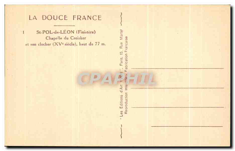 CPA St Pol de Leon Chapelle de Creisker et son Clocher  — Rückseite
