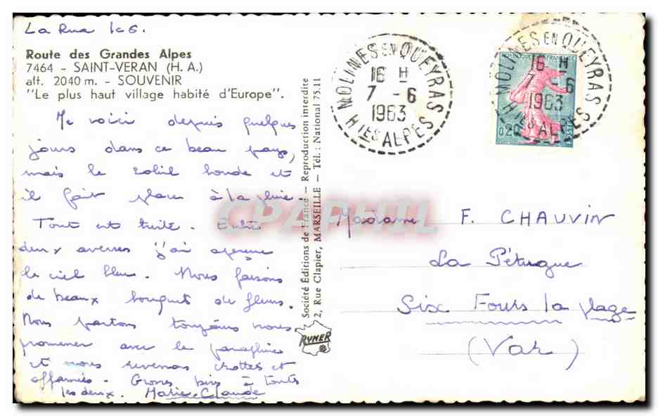 CPSM Souvenir De Saint Veran — Verso