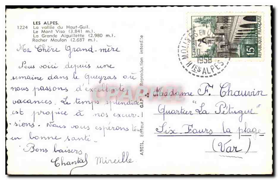 Les Alpes — Vallée du Haut-Guil — Mont Viso et Rocher Moulon — éditeur Abel, n°1224 — Rückseite