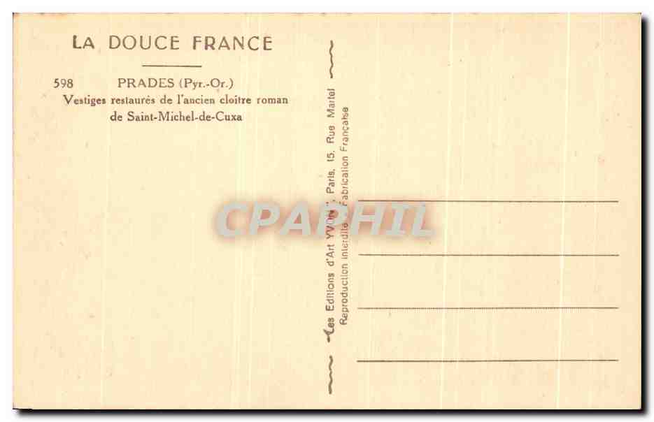 CPA Prades Vestiges Restaures de l'ancien cloitre romain de Saint Michel de Cuxa — Rückseite