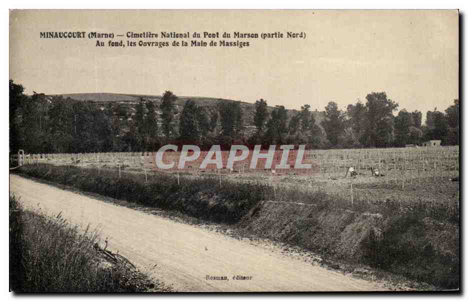 CPA Minaucourt Cimetiere National du Pont du Marson Au fond les Ouvrages de la Main de Massiges Militaria 