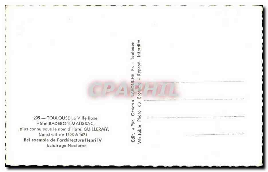 CPSM Toulouse La Ville Rose Hotel Baderon Maussac Plus connu sous le nom d'Hotel Guillermy — Verso