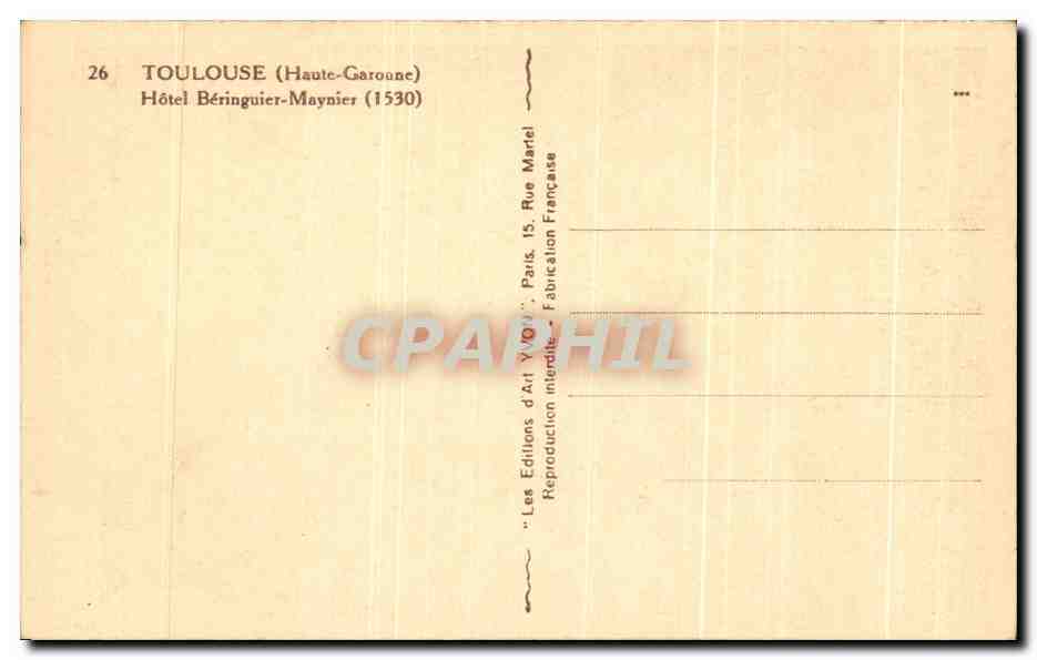 CPA Toulouse Hotel Beringuier Maynier — Verso