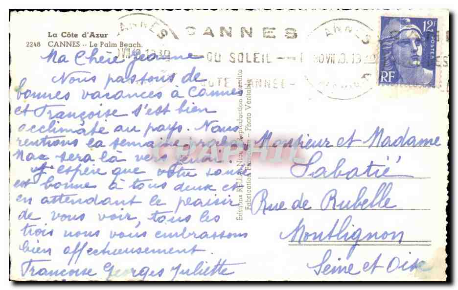 CPSM La Cote d'Azur Cannes Le Palm Beach — Rückseite