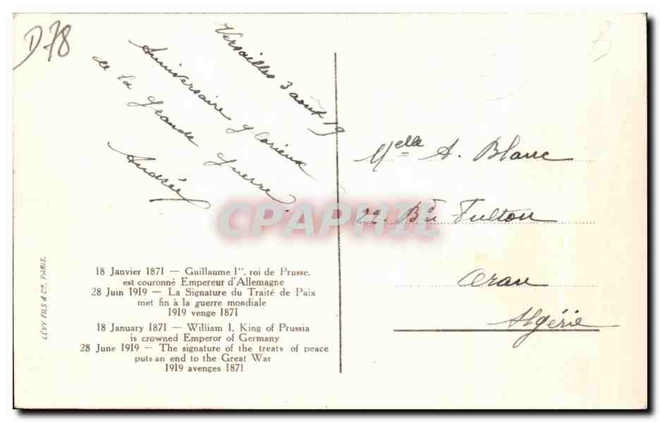 Versailles — Galerie des Glaces — 28 Juin 1919 — Verso