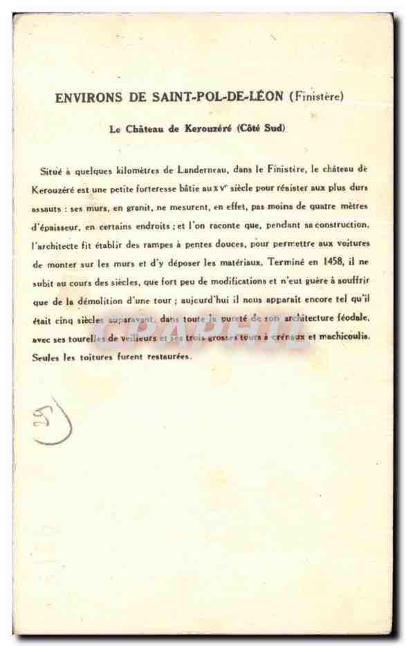 CPA Environs De St Pol De Leon Le Chateau De Kerouzere — Rückseite