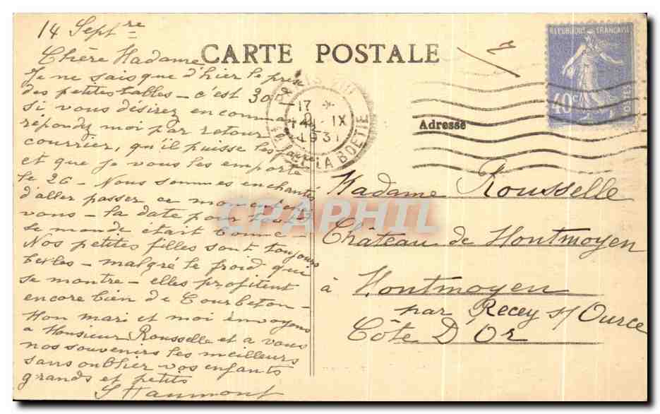 Environs de Montrebeau — Vallée de la Haute-Seine — Château de Gourbeton — Milliet, libraire à Montrebeau — Verso