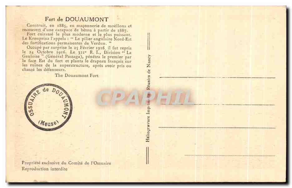 Fort de Douaumont — Ossuaire de Douaumont — Imp. Réunis de Nancy — Reverso