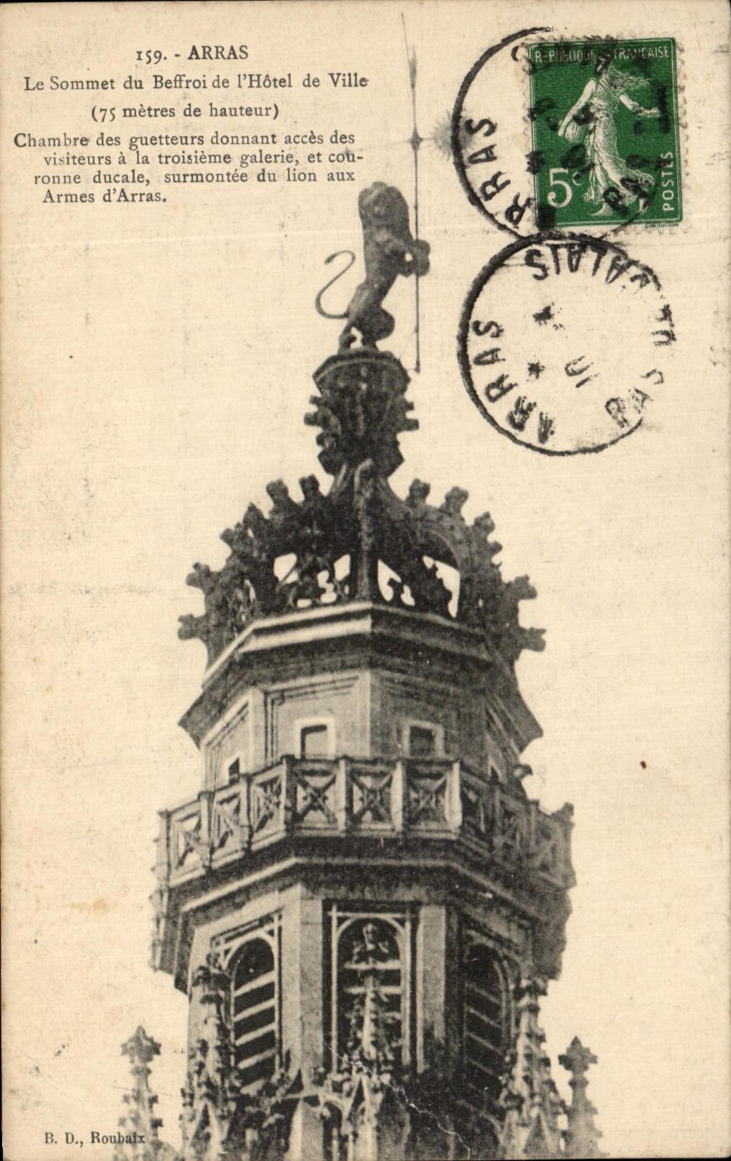 Arras - Le Sommet du Beffroi de l'Hôtel de Ville — B. D., Roubaix