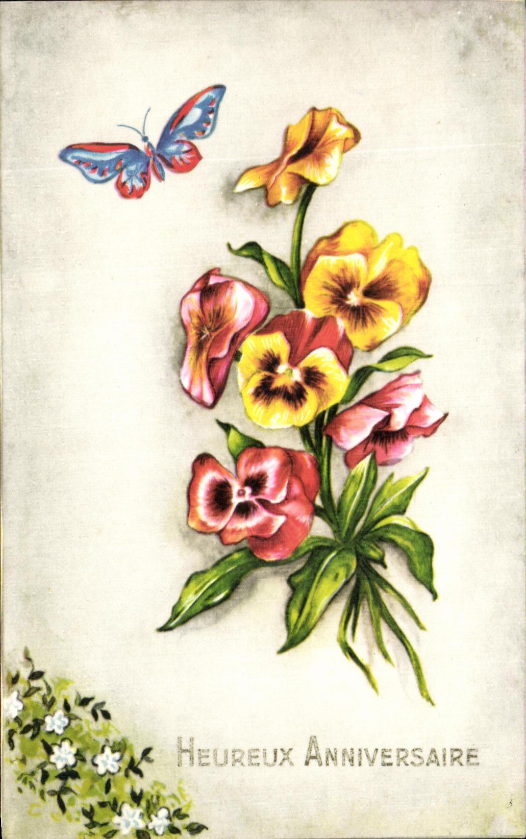 CPA Heureux Anniversaire Fleurs Papillon 