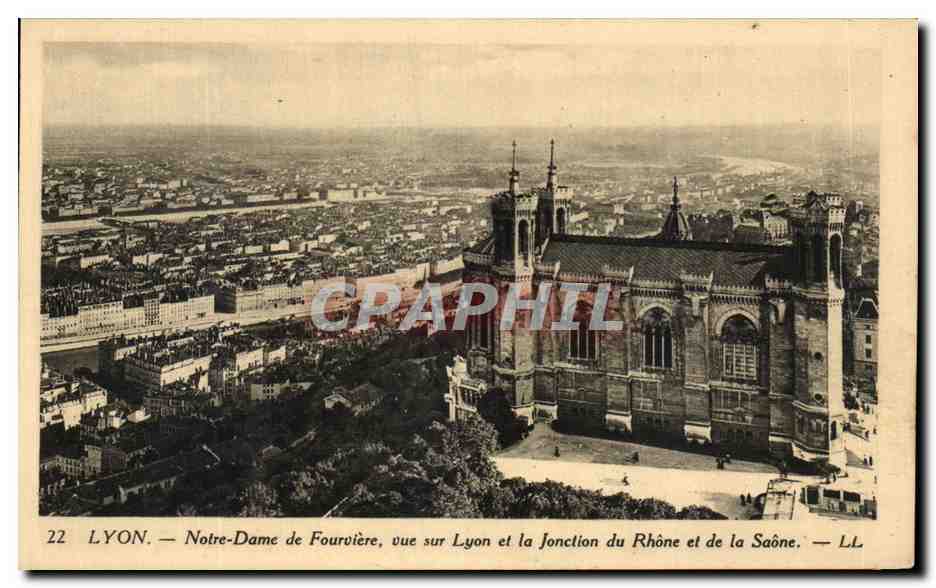 LYON — Notre-Dame de Fourvière, view of Lyon and the confluence of the Rhône and Saône — LL