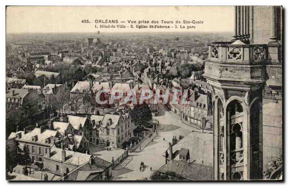 CPA Orleans Vue prise des Tours de Ste de Ste Croix Hotel de Ville Eglise St Patererne La gare