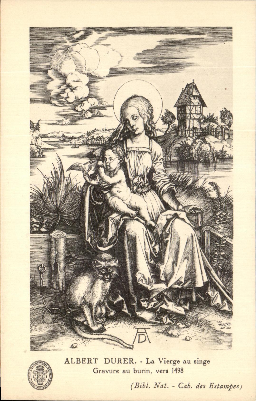 CPA Albert Durer la Vierge au Singe Gravure au burin Vers 1498 Singe 