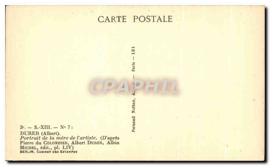 CPA Durer Portail de la Mere de l'Artiste Pierre du Colombiers Albert Durer Albin Berlin Cabinet Des Estampes — Verso