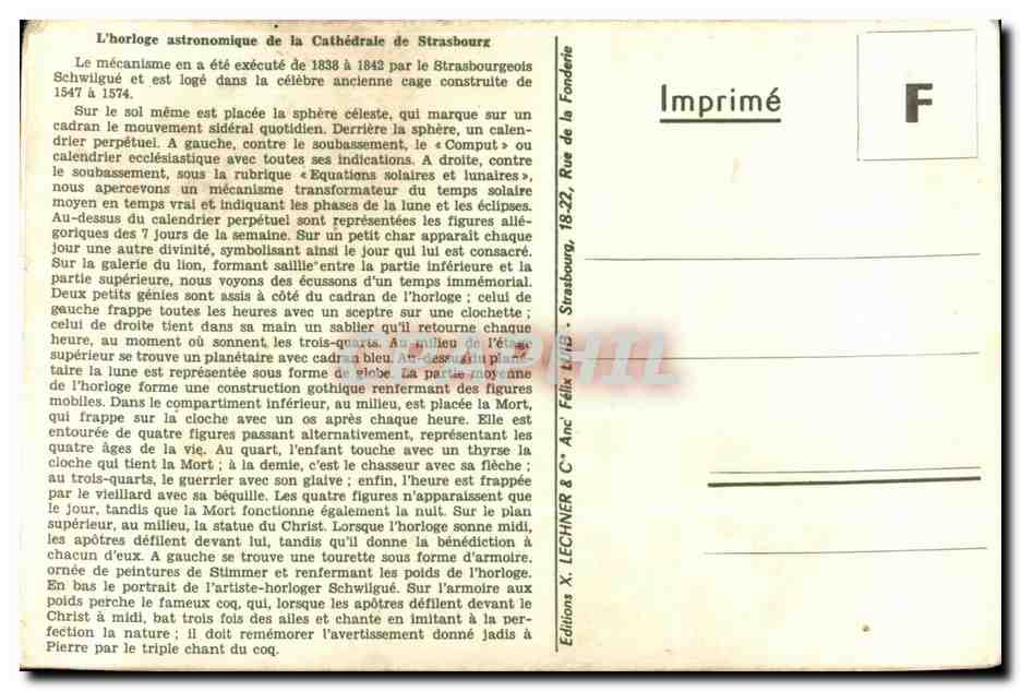 CARTE SYSTEME L'Horloge Astromique de la Cathedrale de Strasbourg — Rückseite