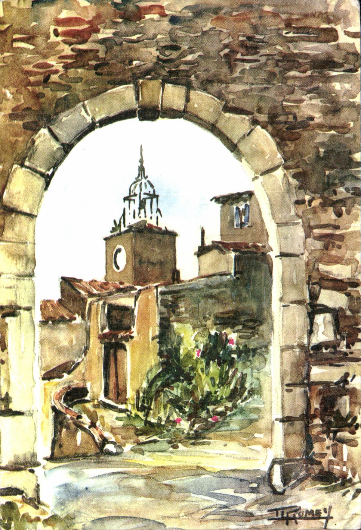 Village provençal — Aquarelle de J. Romey — Éditeur : Les Aquarelles de Provence-Côte d'Azur