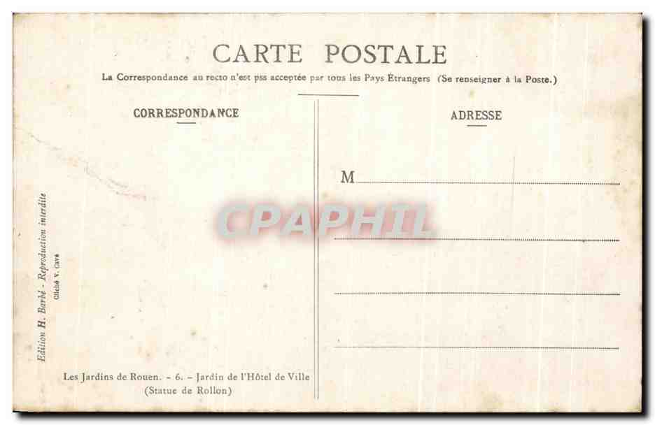 CPA Les Jardins de Rouen Jardin de I'Hotel de Ville — Verso