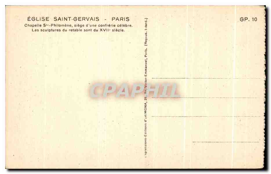 CPA Eglise Saint Gervais Paris Chapelle St Philomene Siege d'Une Confrerie Celebre Les Sculptures Du — Rückseite