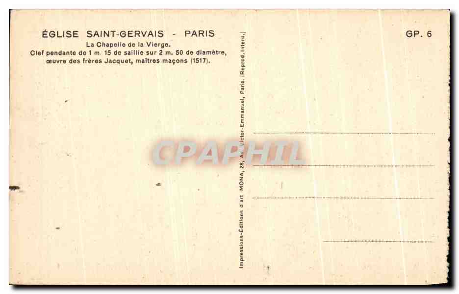 CPA Eglise Saint Gervais Paris La Chapelle De La Vierge — Rückseite