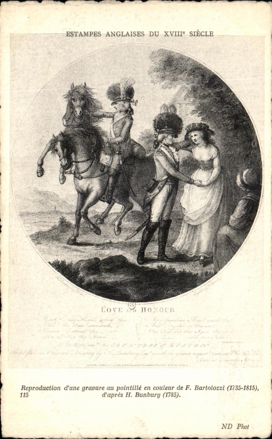 CPA Estampes Anglaises 18eme Love and honour Bartolozzi D'Apres Bunbury Cheval Militaria 