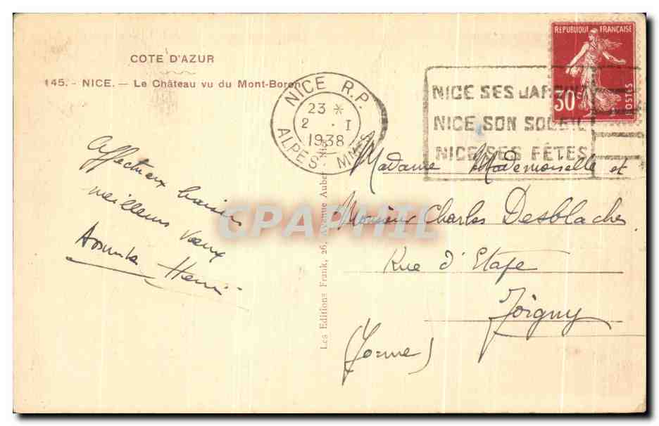 CPA Nice Le Chateau vu du Mont Boron — Rückseite