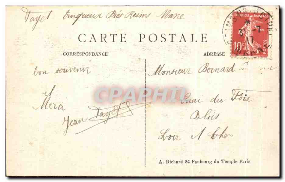 Reims — Coin des rues St-Jacques et de Vesles après le bombardement — A. Richard N° 505 — Verso