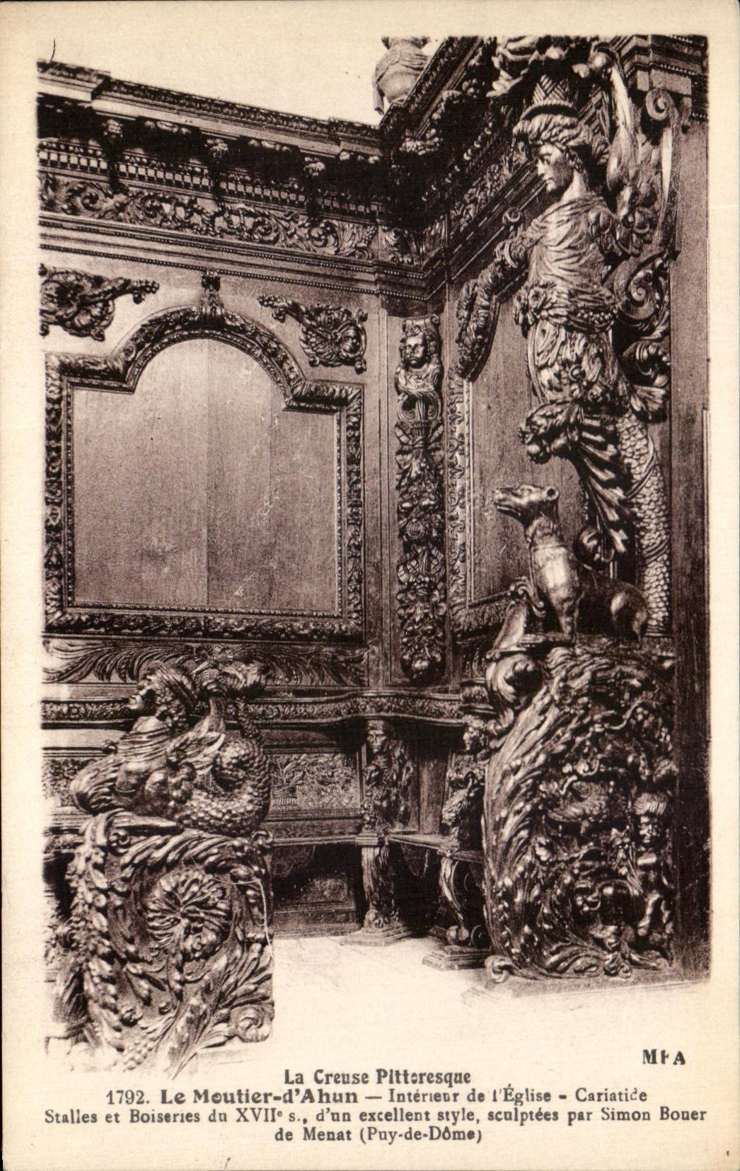 Le Meutier-d'Ahun — Intérieur de l'Église — Stalles et Boiserie du XVIIe s., sculptées par Simon Bouer