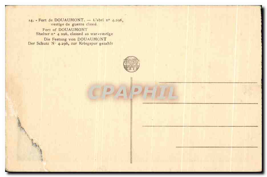 Fort de Douaumont — Abri n° 4.296 — vestige de guerre classé — Reverso