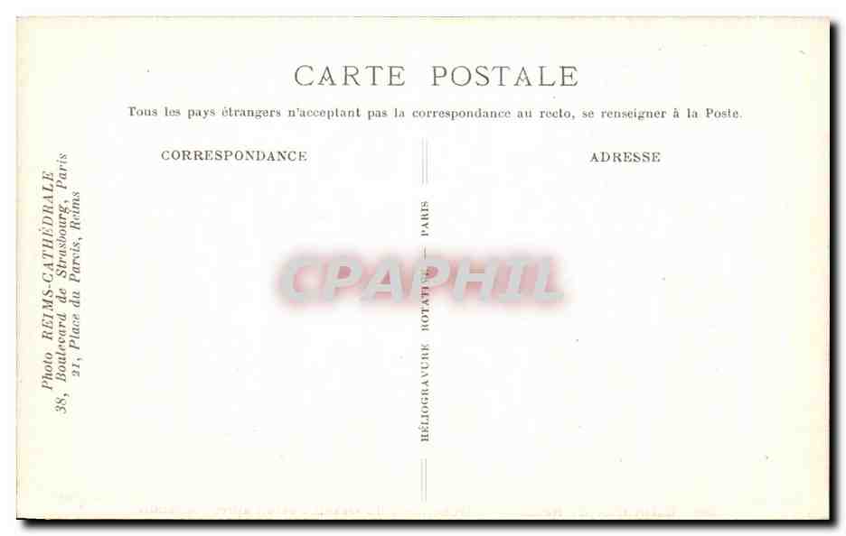 CPA Cathedrale de Reims Porche nord du Grand Portail apres l'incendie — Verso