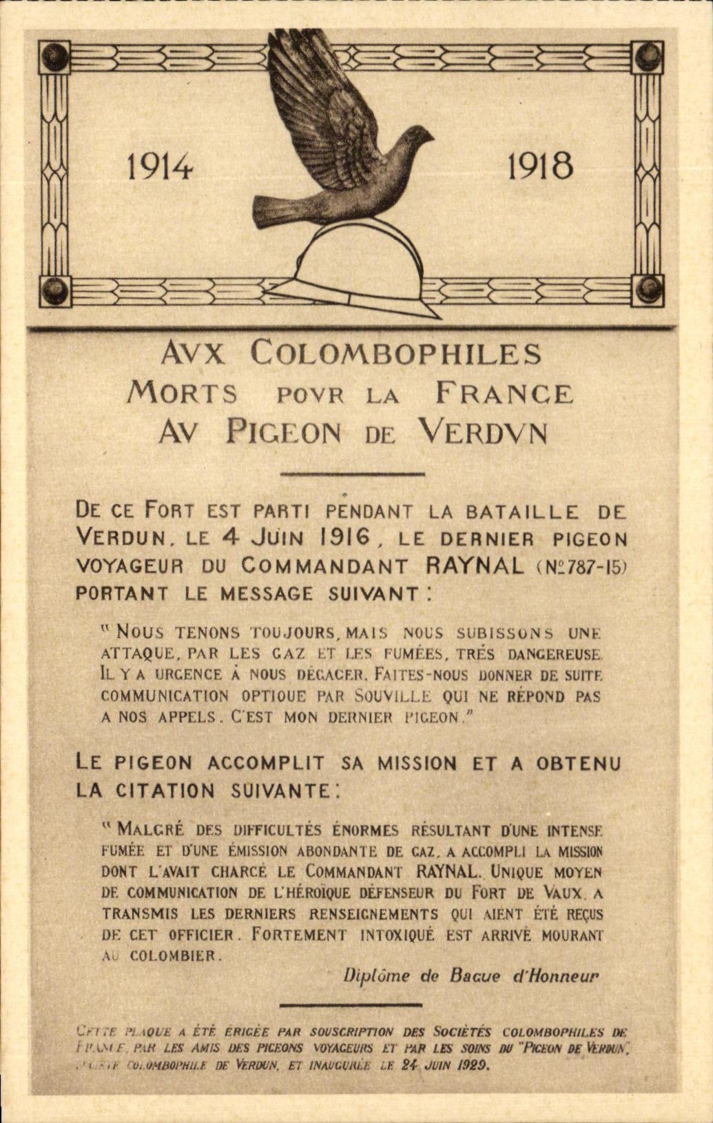 CPA Aux Colombophiles Morts Pour La France Au Pigeon De Verdun Colombe Militaria