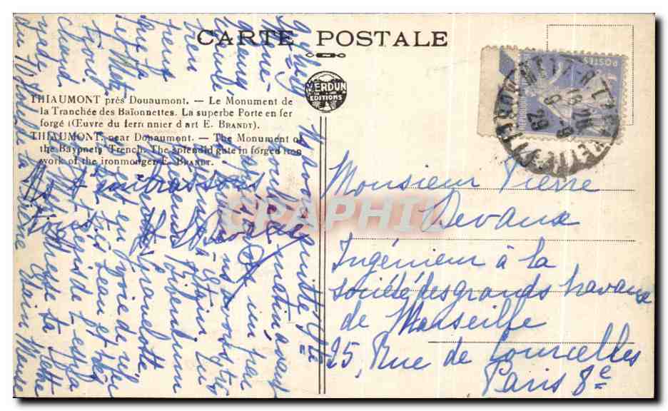 CPA Thiaumont pre Douaumont Le Monument de la tranchee des baionnettes Militaria — Rückseite