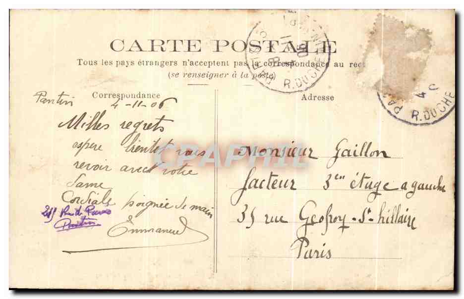 CPA Pantin Le Canal de l'Ourcq — Rückseite